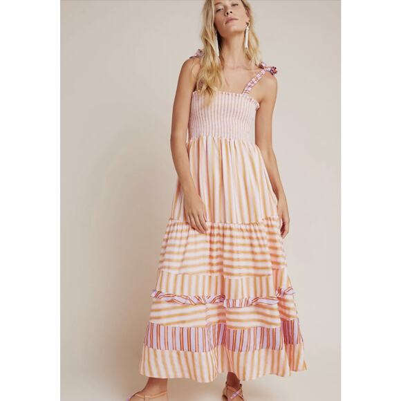 ANTHROPOLOGIE DOLAN CAROLINE TIERED MAXI SMOCKED STRIPPED DRESS SZ SM $298 MSRP - Picture 2 of 15
